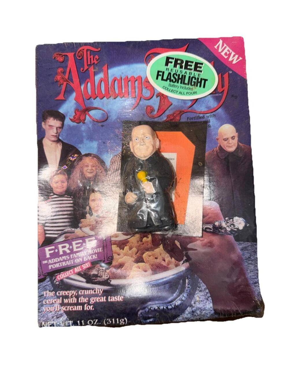 Vintage 1991 Addams Family Cereal Box Sealed with Uncle Fester Flashlight Toy